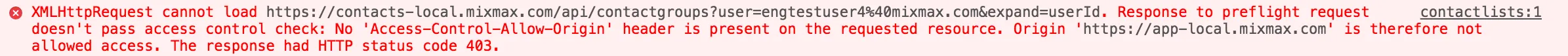 Browser console error: an XMLHttpRequest to the contactgroups API blocked because the preflight response carries no Access-Control-Allow-Origin header and returned HTTP 403