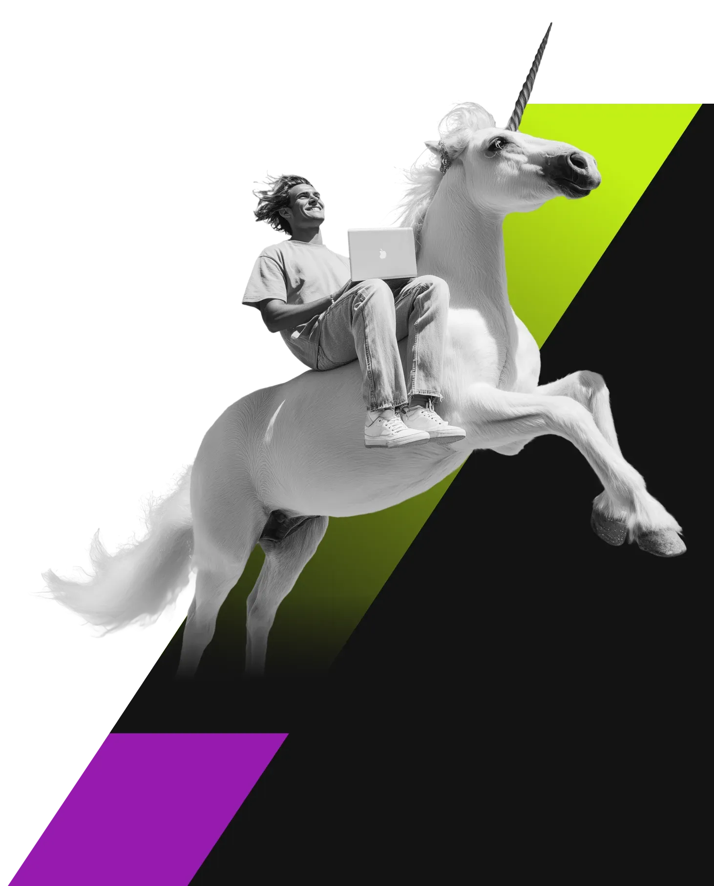 Salesperson riding a unicorn over the Mixmax brand ribbons